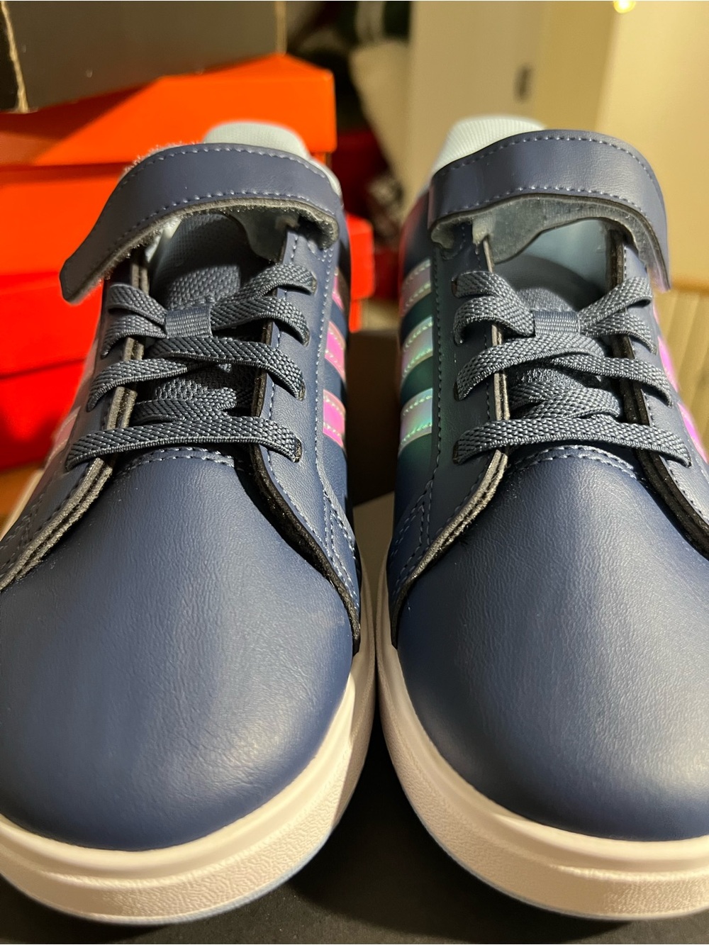 adidas Kids Navy Sneakers with Pastel Pink & Mint Stripes